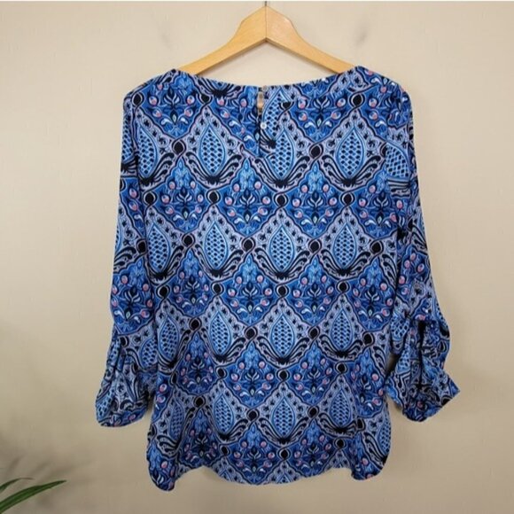 LOFT | Blue Pink Print Blouse Womens Small Keyhole Back Office - Picture 6 of 6